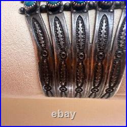 VTG ZUNI Antique Sterling Silver Stamped 5 Row SN EYES Turquoise Cuff Large