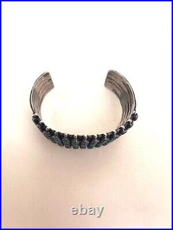 VTG ZUNI Antique Sterling Silver Stamped 5 Row SN EYES Turquoise Cuff Large