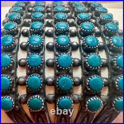 VTG ZUNI Antique Sterling Silver Stamped 5 Row SN EYES Turquoise Cuff Large