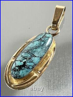 Vintage 14k Yellow Gold Designer Native American Turquoise Oval Pendant