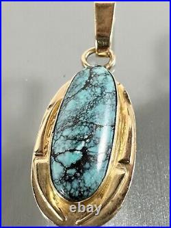 Vintage 14k Yellow Gold Designer Native American Turquoise Oval Pendant