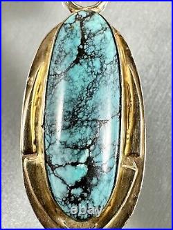 Vintage 14k Yellow Gold Designer Native American Turquoise Oval Pendant