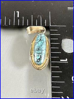 Vintage 14k Yellow Gold Designer Native American Turquoise Oval Pendant