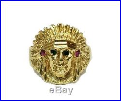 Vintage 14k Yellow Gold Indian Native American Ring With Emerald & Rubies