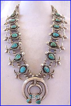 Vintage 1930s NAVAJO Cast Sterling Silver & Turquoise SQUASH BLOSSOM Necklace