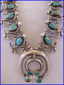 Vintage 1930s NAVAJO Cast Sterling Silver & Turquoise SQUASH BLOSSOM Necklace