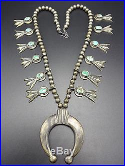 Vintage 1930s NAVAJO Sand Cast STERLING SILVER Turquoise SQUASH BLOSSOM Necklace