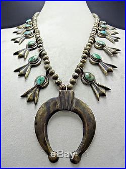 Vintage 1930s NAVAJO Sand Cast STERLING SILVER Turquoise SQUASH BLOSSOM Necklace