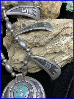 Vintage 1940s Hopi Sterling Silver & Turquoise Squash Blossom Necklace, 55.0g