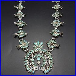 Vintage 1940s ZUNI Sterling Silver TURQUOISE Petit Point SQUASH BLOSSOM Necklace