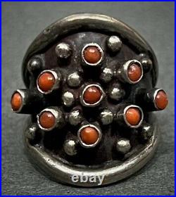 Vintage 1950's Navajo Native American Sterling Silver Coral Cluster Ring OLD