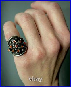 Vintage 1950's Navajo Native American Sterling Silver Coral Cluster Ring OLD