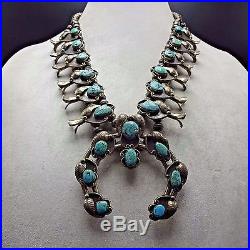 Vintage 1950s NAVAJO Sterling Silver & Turquoise SQUASH BLOSSOM Necklace