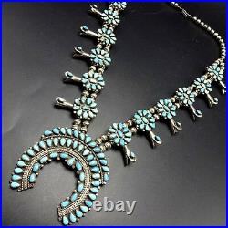 Vintage 1950s ZUNI Sterling Silver & Turquoise Cluster SQUASH BLOSSOM Necklace