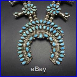 Vintage 1950s ZUNI Sterling Silver & Turquoise Cluster SQUASH BLOSSOM Necklace
