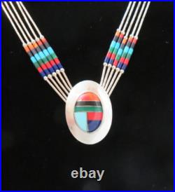 Vintage 1970's Liquid Silver Heishi Bead, Zuni Style Inlay Necklace