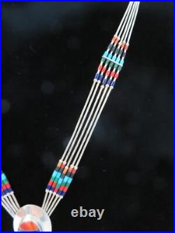 Vintage 1970's Liquid Silver Heishi Bead, Zuni Style Inlay Necklace Vintage 1970's Liquid Silver Heishi Bead, Zuni Style Inlay Necklace