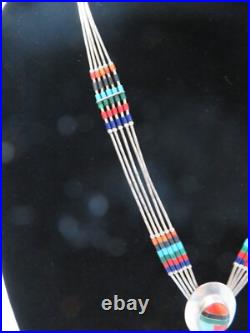 Vintage 1970's Liquid Silver Heishi Bead, Zuni Style Inlay Necklace