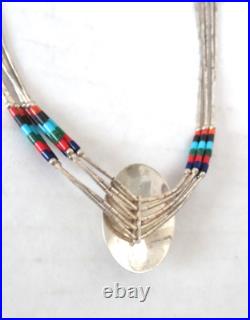 Vintage 1970's Liquid Silver Heishi Bead, Zuni Style Inlay Necklace Vintage 1970's Liquid Silver Heishi Bead, Zuni Style Inlay Necklace