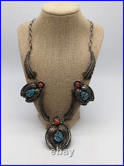 Vintage 1970's Navajo Sterling Silver Turquoise Nugget Coral Necklace 24