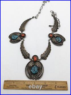 Vintage 1970's Navajo Sterling Silver Turquoise Nugget Coral Necklace 24