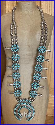 Vintage 1970's Zuni Reversible Turquoise And Coral Squash Blossom Necklace