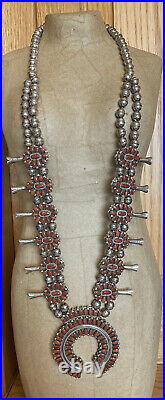 Vintage 1970's Zuni Reversible Turquoise And Coral Squash Blossom Necklace