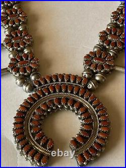 Vintage 1970's Zuni Reversible Turquoise And Coral Squash Blossom Necklace