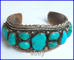 Vintage 1.25 Wide Native American Navajo Red Brass & Turquoise Cuff Bracelet