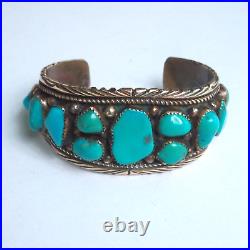 Vintage 1.25 Wide Native American Navajo Red Brass & Turquoise Cuff Bracelet