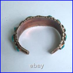 Vintage 1.25 Wide Native American Navajo Red Brass & Turquoise Cuff Bracelet