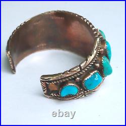 Vintage 1.25 Wide Native American Navajo Red Brass & Turquoise Cuff Bracelet
