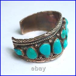Vintage 1.25 Wide Native American Navajo Red Brass & Turquoise Cuff Bracelet