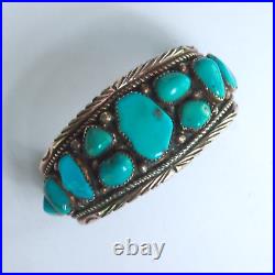 Vintage 1.25 Wide Native American Navajo Red Brass & Turquoise Cuff Bracelet