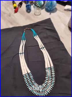 Vintage 25in Native American Shell And Turquoise Handmade Necklace