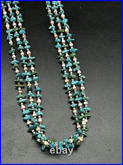 Vintage 28 Native American Santo Domingo 3 Strand Heishi Turquoise Necklace 50g