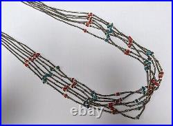 Vintage 32 Silver Turquoise Coral Necklace Southwest Native American Indian