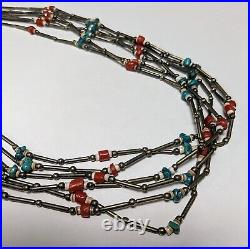 Vintage 32 Silver Turquoise Coral Necklace Southwest Native American Indian