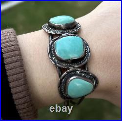 Vintage 3-STONE SOUTHWESTERN TURQUOISE + STERLING cuff bracelet 6 Navajo