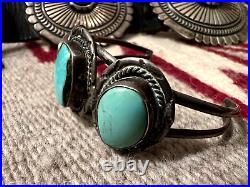 Vintage 3-STONE SOUTHWESTERN TURQUOISE + STERLING cuff bracelet 6 Navajo
