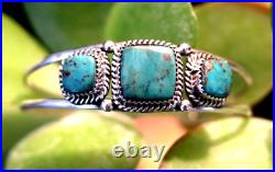 Vintage 3-stone TURQUOISE & STERLING SILVER cuff bracelet Navajo signed M Southw