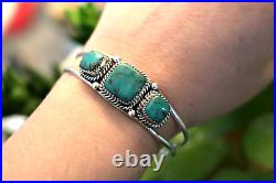 Vintage 3-stone TURQUOISE & STERLING SILVER cuff bracelet Navajo signed M Southw