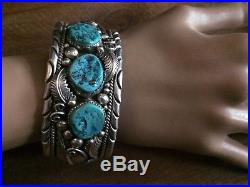 Vintage 86gr Signed Native American Navajo 925 Silver Turquoise Cuff Bangle
