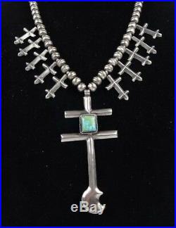 Vintage 90's Sterling Silver Turquoise Squash Blossom Cross Dragonfly Necklace