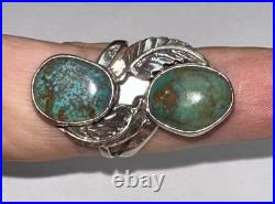 Vintage 925 Sterling Silver Native American Ring With Two Turquoise Stones