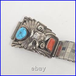 Vintage A Navajo Native American Turquoise & Coral Silver Wofl Watchband