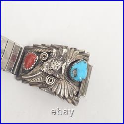 Vintage A Navajo Native American Turquoise & Coral Silver Wofl Watchband
