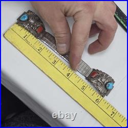 Vintage A Navajo Native American Turquoise & Coral Silver Wofl Watchband