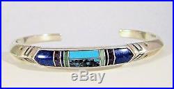 Vintage Artist Signed C Zuni Sterling Silver Turquoise Lapis Inlay Cuff Bracelet