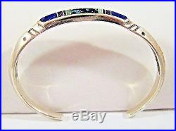 Vintage Artist Signed C Zuni Sterling Silver Turquoise Lapis Inlay Cuff Bracelet